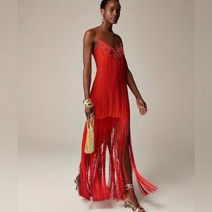 J CREW Collection Fringe Trim Slip Formal 1920’s Lace Dress Red/Orange, 10 NWT